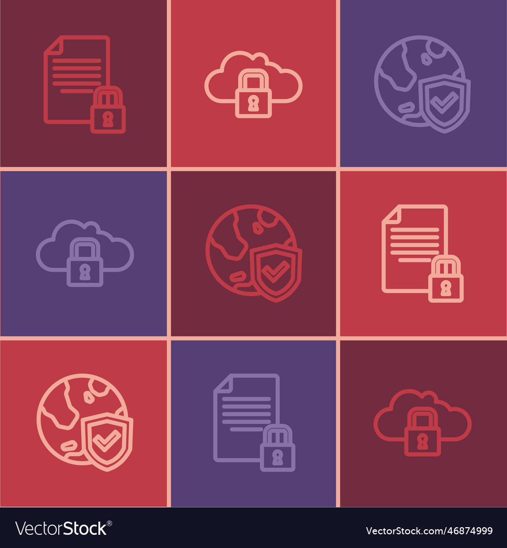 Set line document and lock shield with world vector image Set line document and lock shield with world
