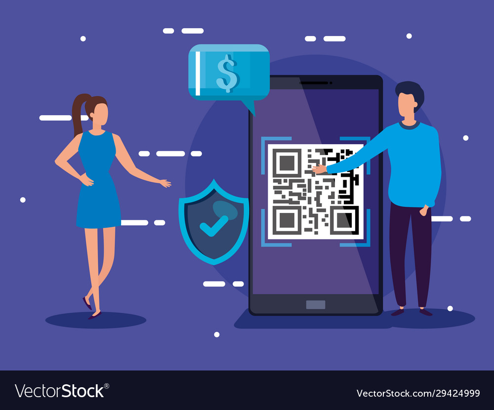 Smartphone scan code qr with business people vector image Smartphone scan code qr with business people