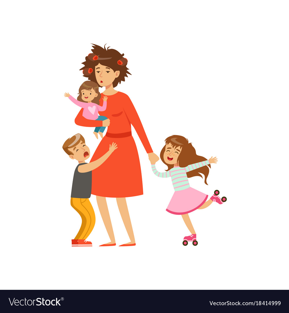 Tired Mother With Crazy Hair And Her Three Kids In