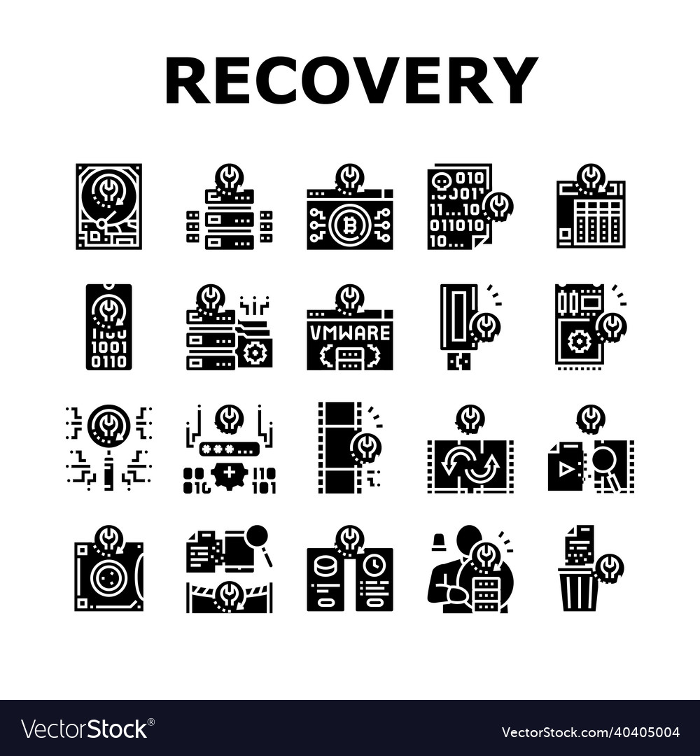 Data recovery computer processing icons set vector image Data recovery computer processing icons set
