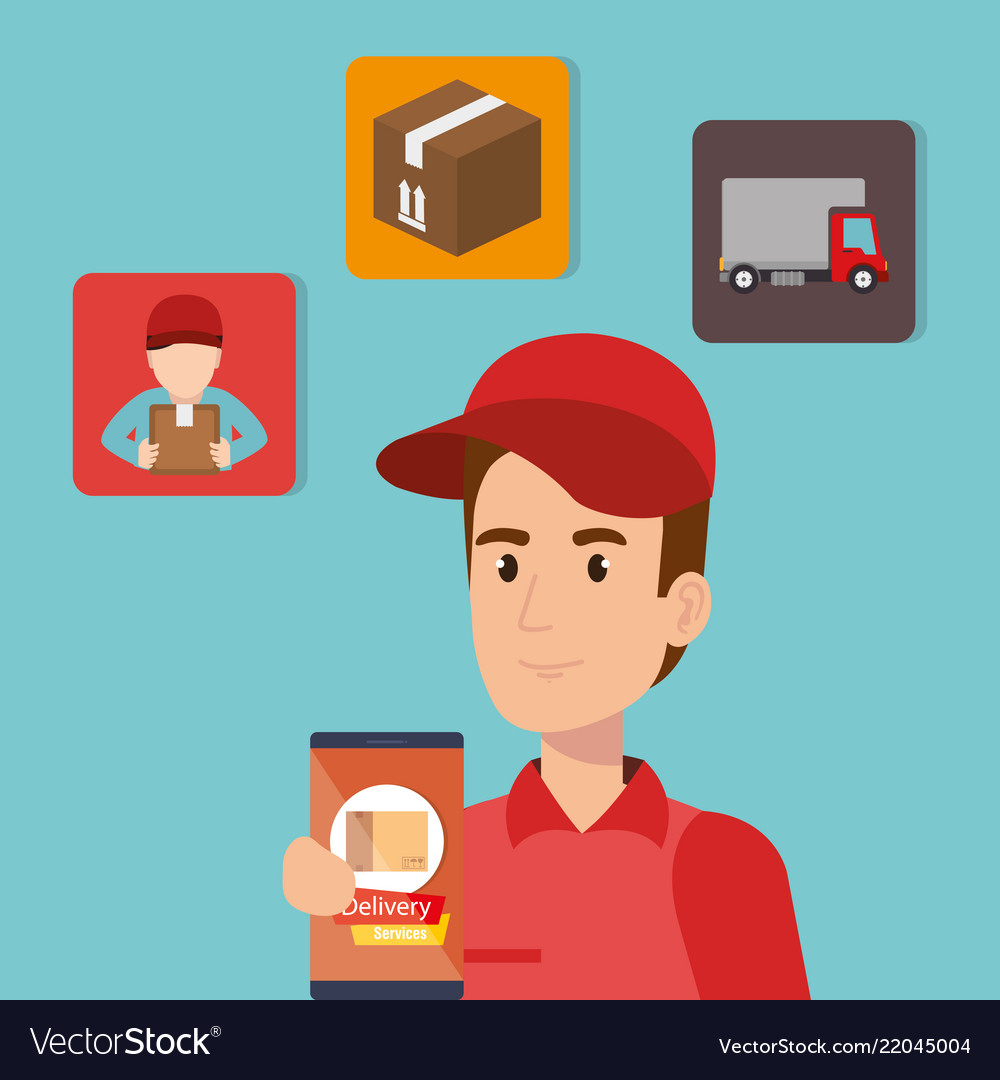 Delivery service worker character with set icons vector image Delivery service worker character with set icons