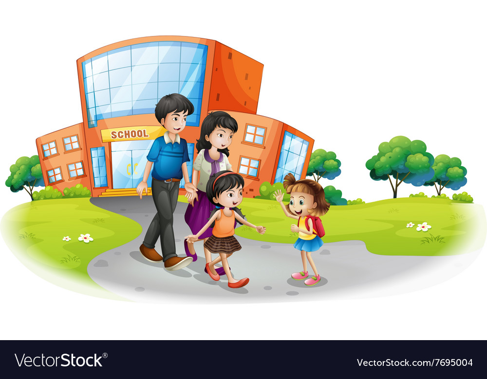 Family members in front of the school Royalty Free Vector