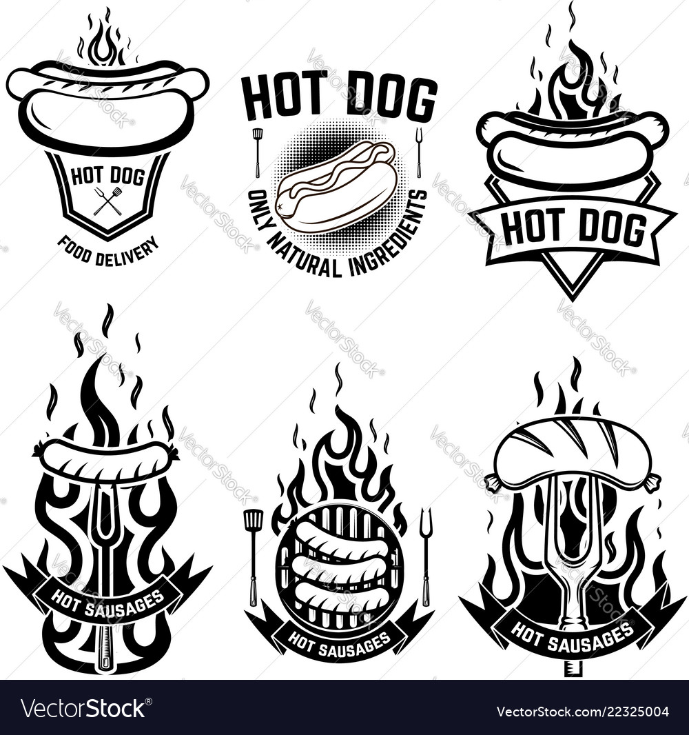Set emblems with hot dog design element vector image Set emblems with hot dog design element