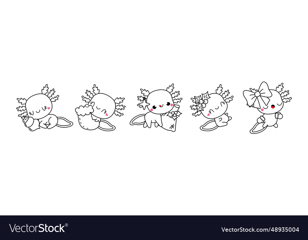 Set of kawaii christmas axolotl coloring page