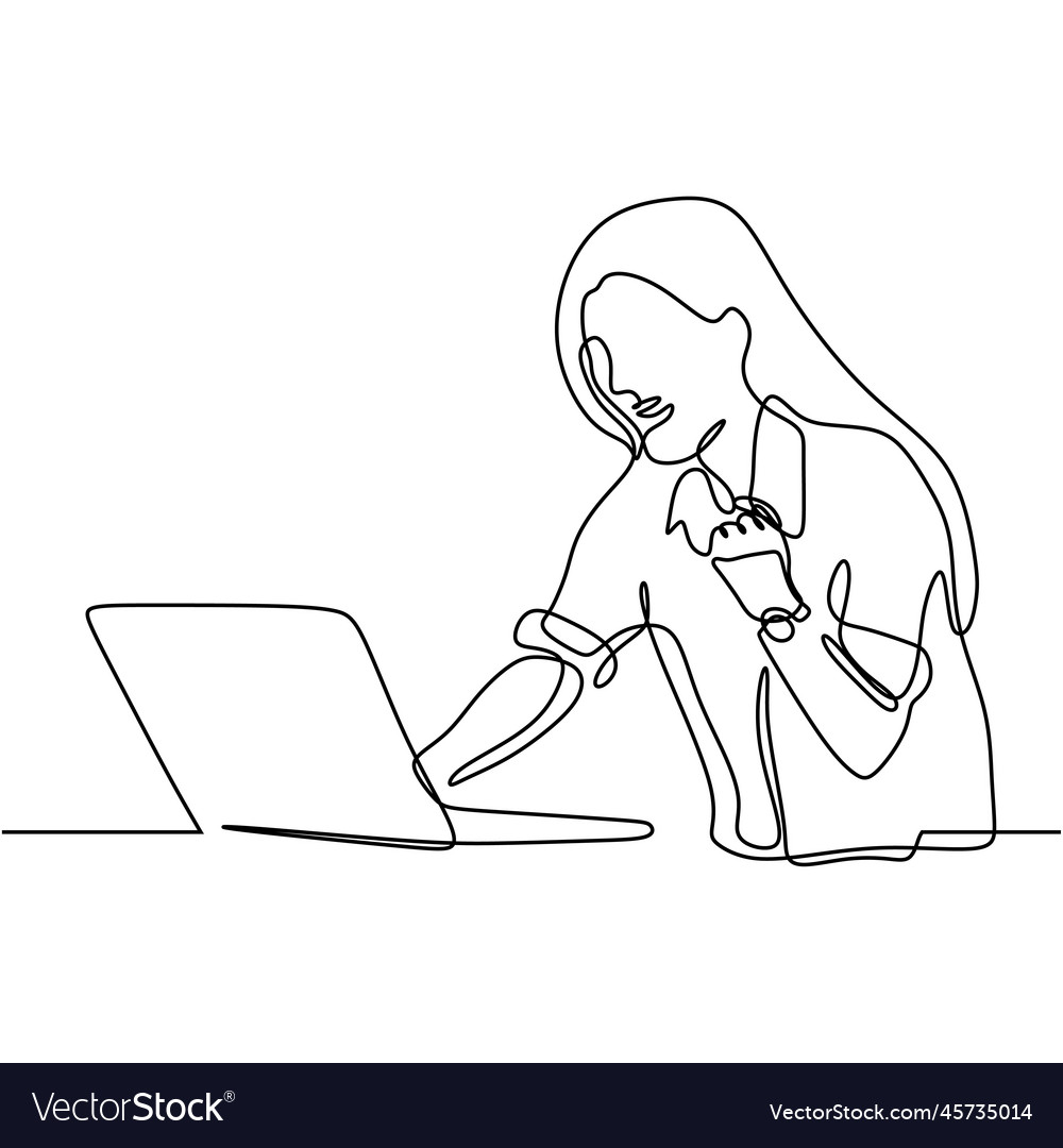 Girl with laptop continuous line drawing one hand