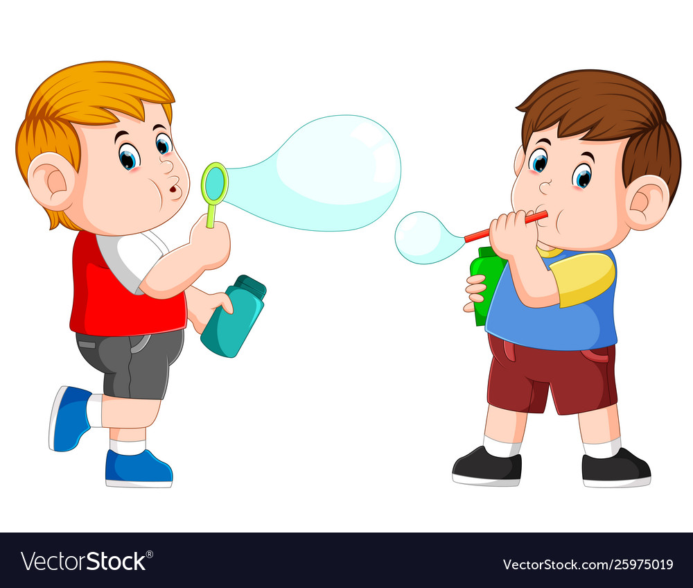 Boy playing with bubble soap and blow it Vector Image