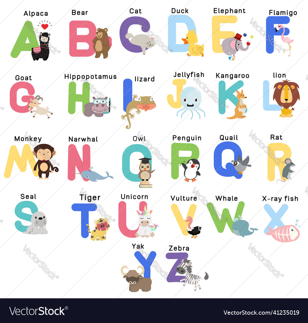 Cute Animal Alphabets For Kids Education Set Vector Image