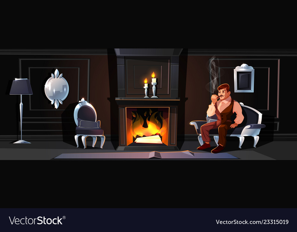 Gentleman Smoking Tube Near Home Fireplace Vector Image
