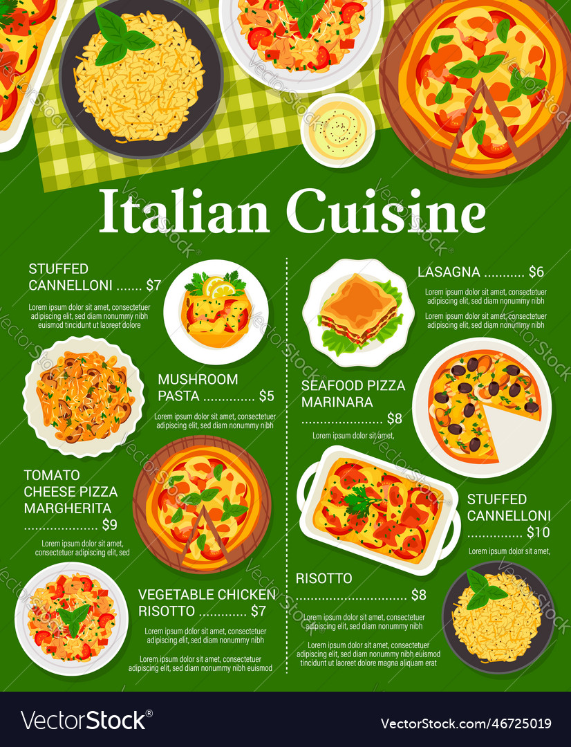 Italian cuisine menu food pasta pizza and risotto Vector Image