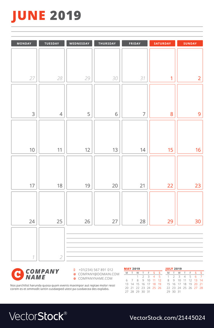 Calendar template for june 2019 business planner