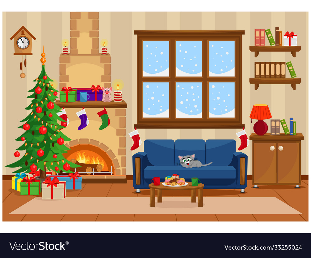 Christmas living room with tree gifts