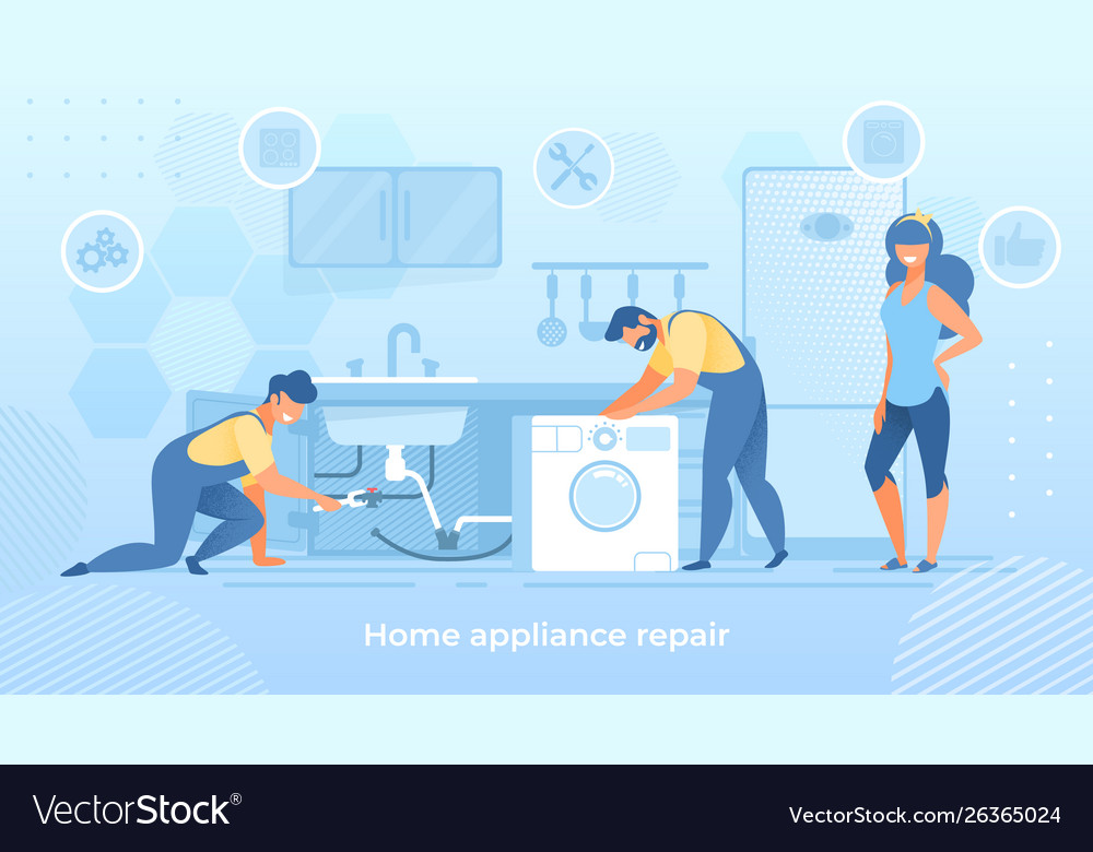 Joyful men characters fixing broken home technics