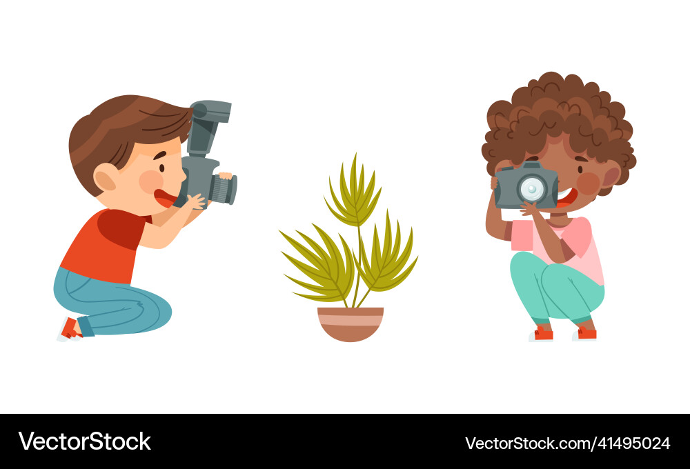 Pretty boy holding digital camera taking Vector Image