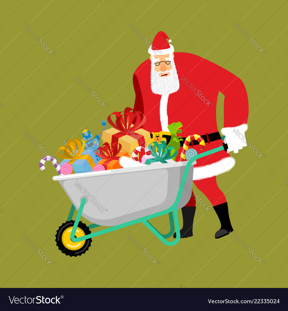 Santa claus wheelbarrow and gifts xmas grounds