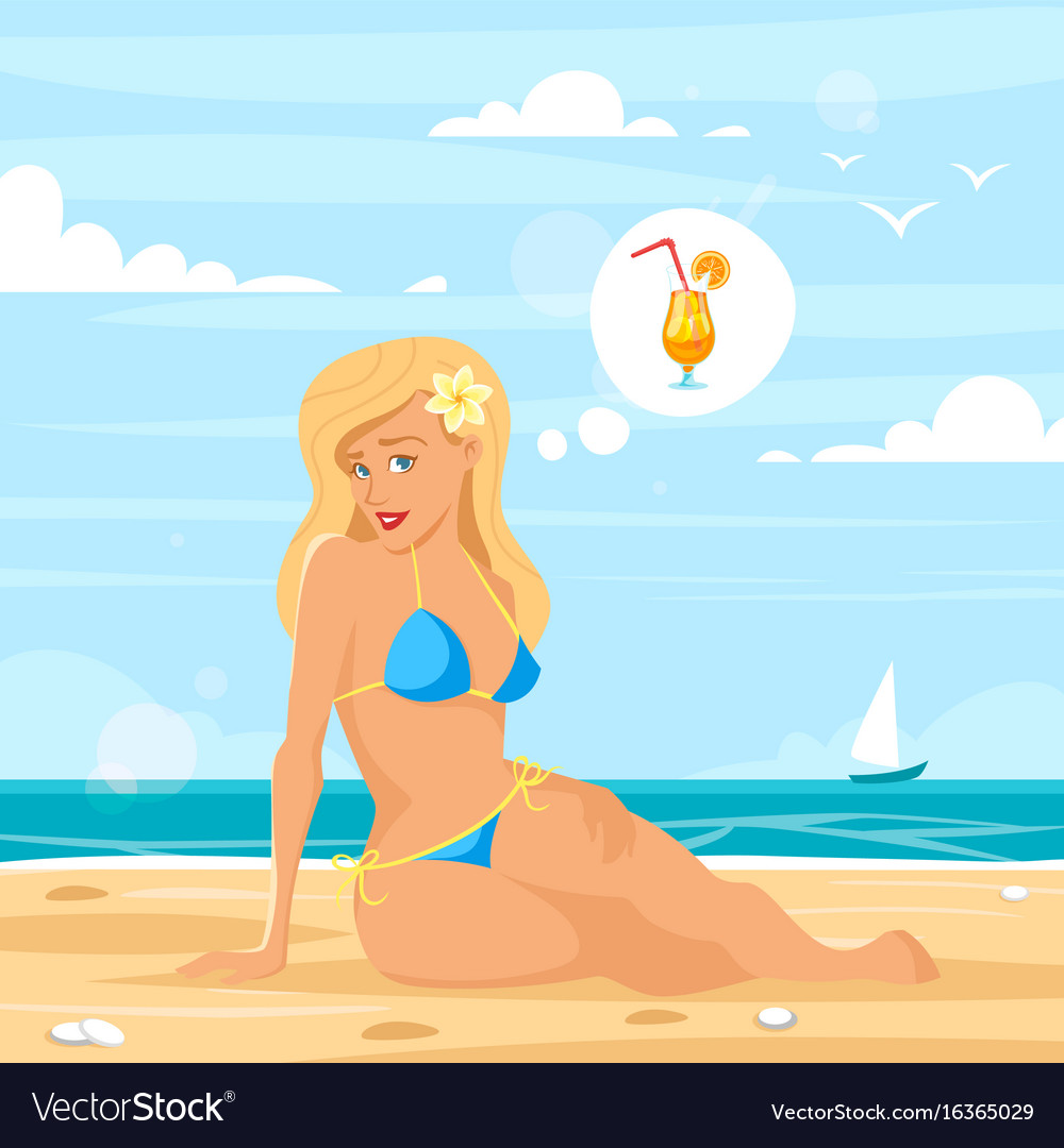 Blond woman on the beach with think bubble Vector Image