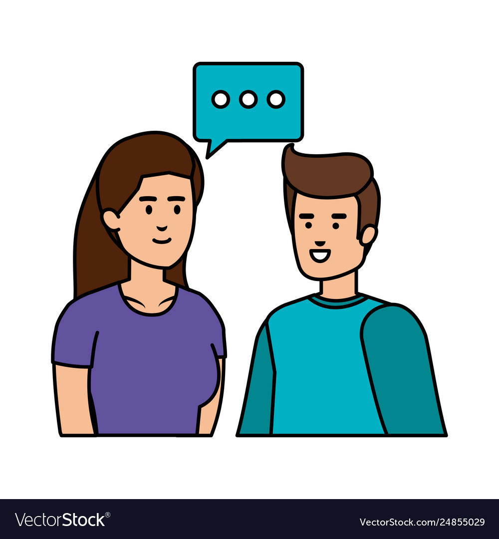 Young couple with speech bubble avatars characters