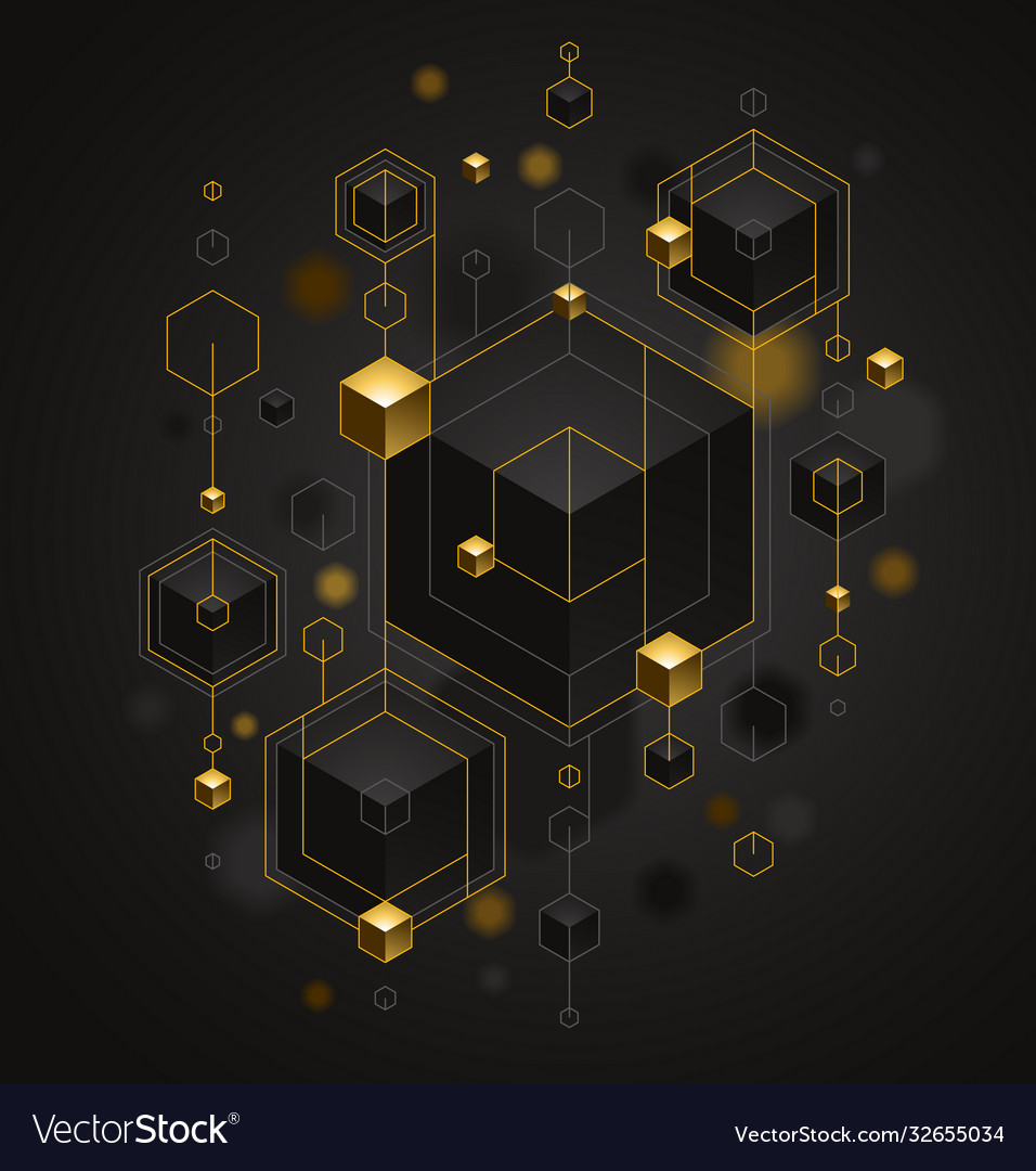 Cubes cluster with golden elements lines and dots vector image Cubes cluster with golden elements lines and dots