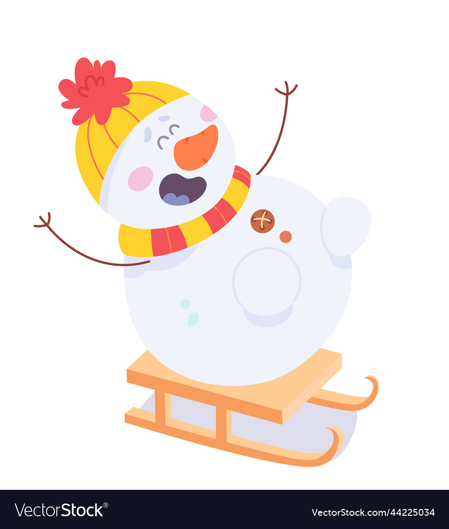 Cute snowman sledding on fun season of winter