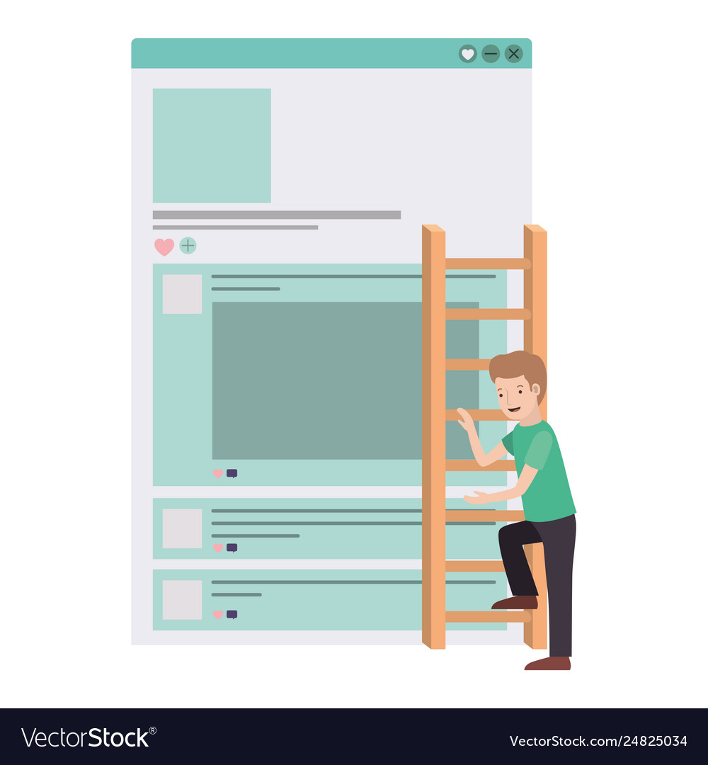 Man with social network profile and ladder