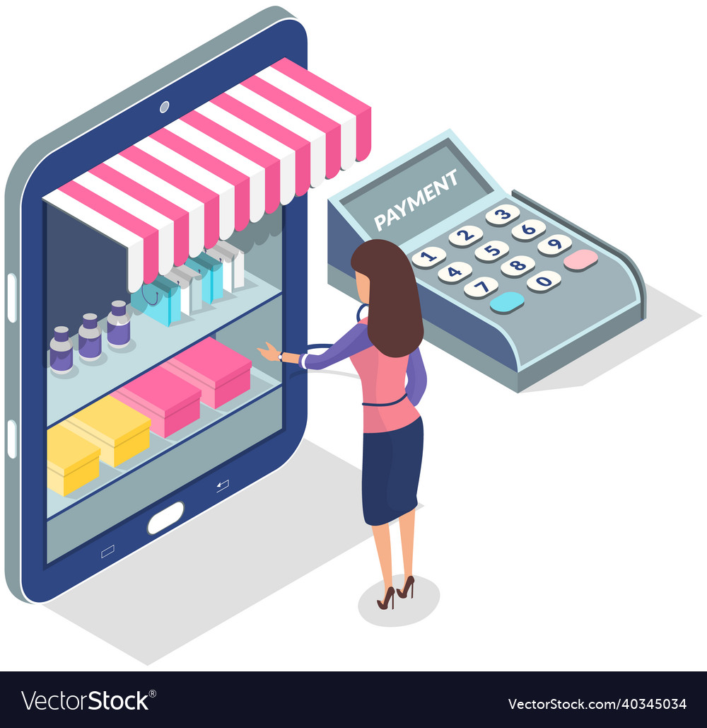 Shopping app with woman push buy button from