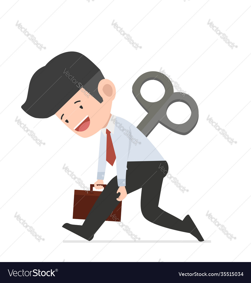 Tired businessman with clockwork key