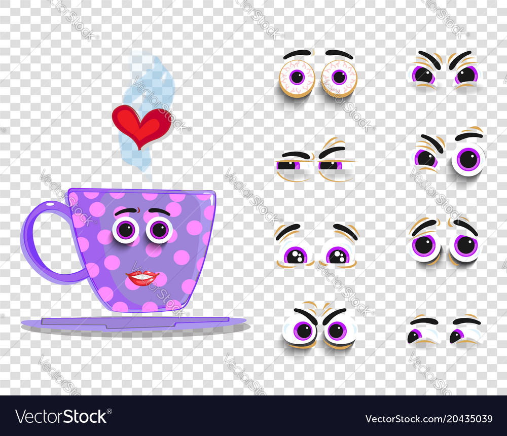 Cute emoji set of pink cup with changeable eyes