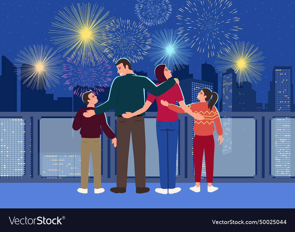 Cartoon flat family terrace fireworks Royalty Free Vector