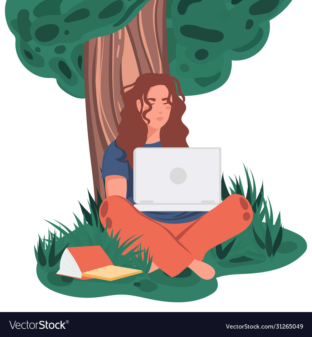 Girl with notebook under tree freelance concept Vector Image