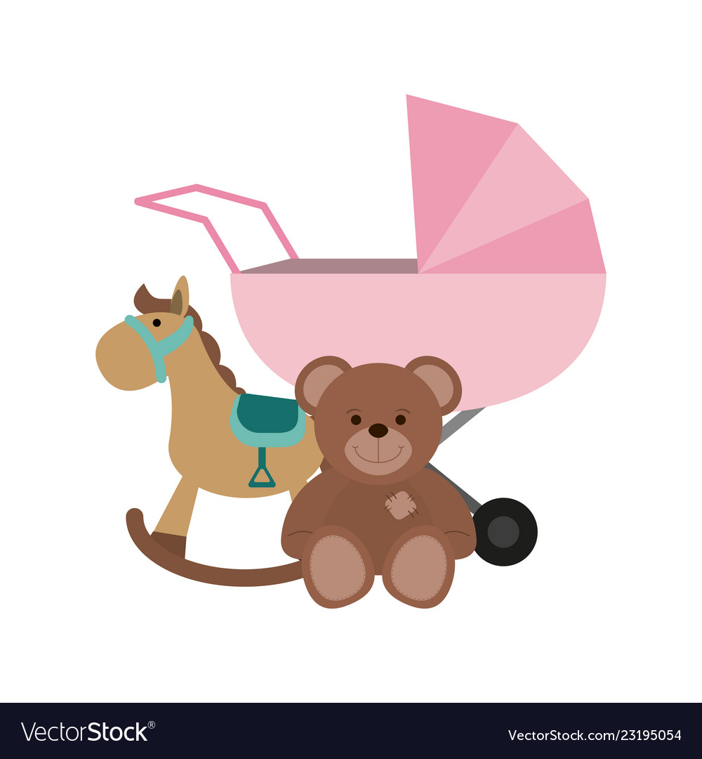 Baby pram and teddy with wooden horse