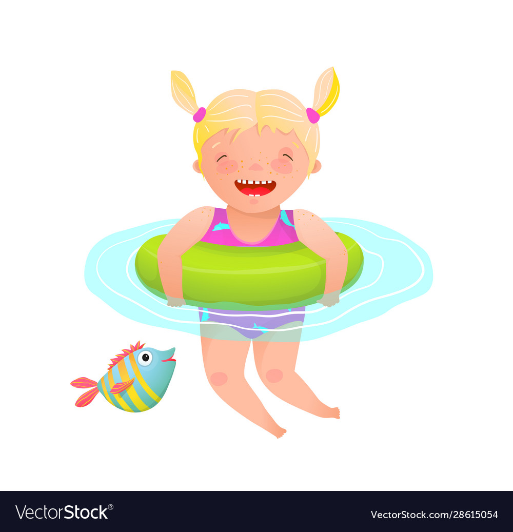 Cute Laughing Girl Kid Swimming With Inflatable Vector Image