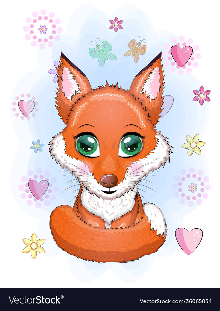 Cute red fox with a fluffy tail among flowers Vector Image