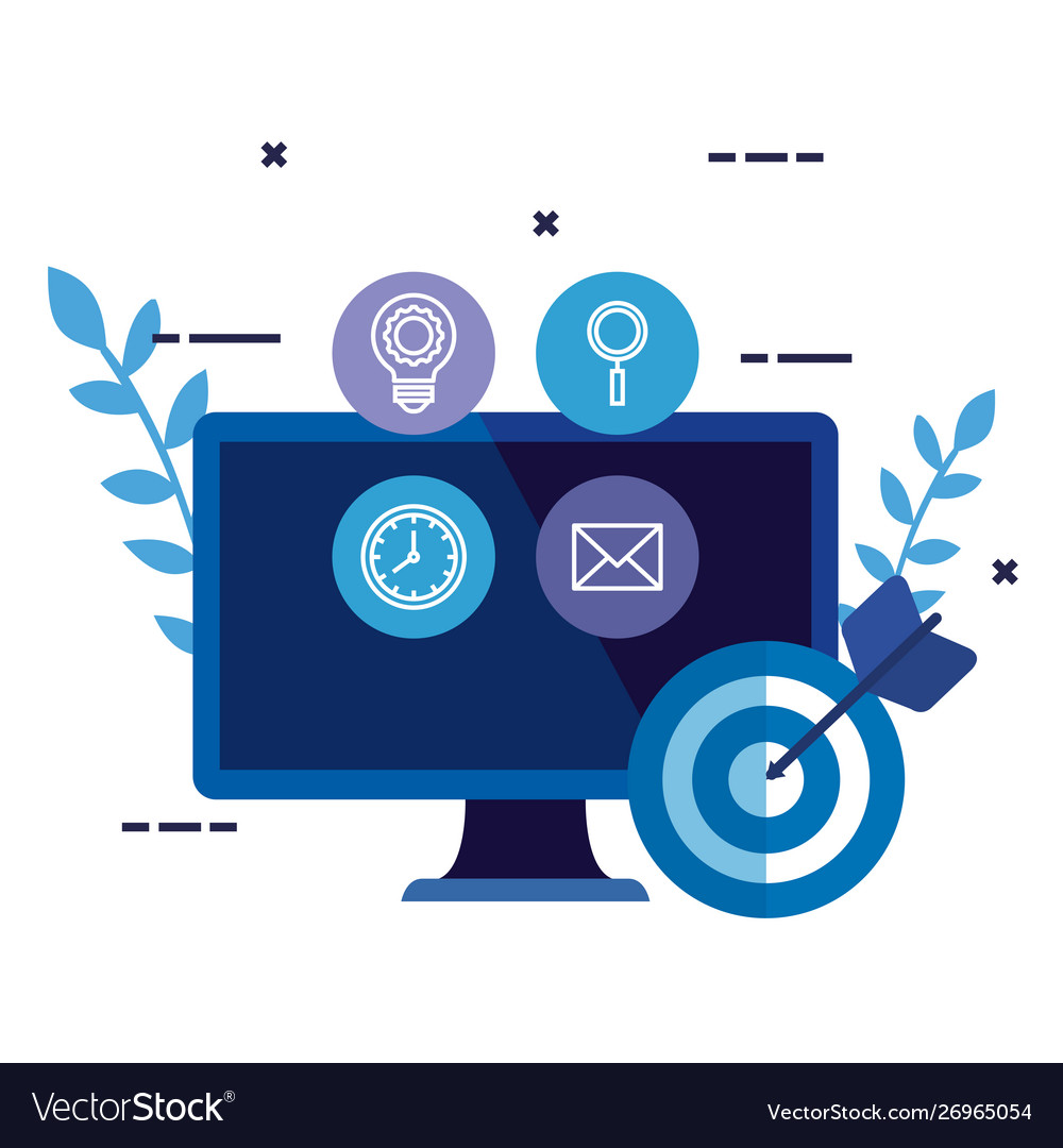 Desktop computer with set icons and target vector image Desktop computer with set icons and target