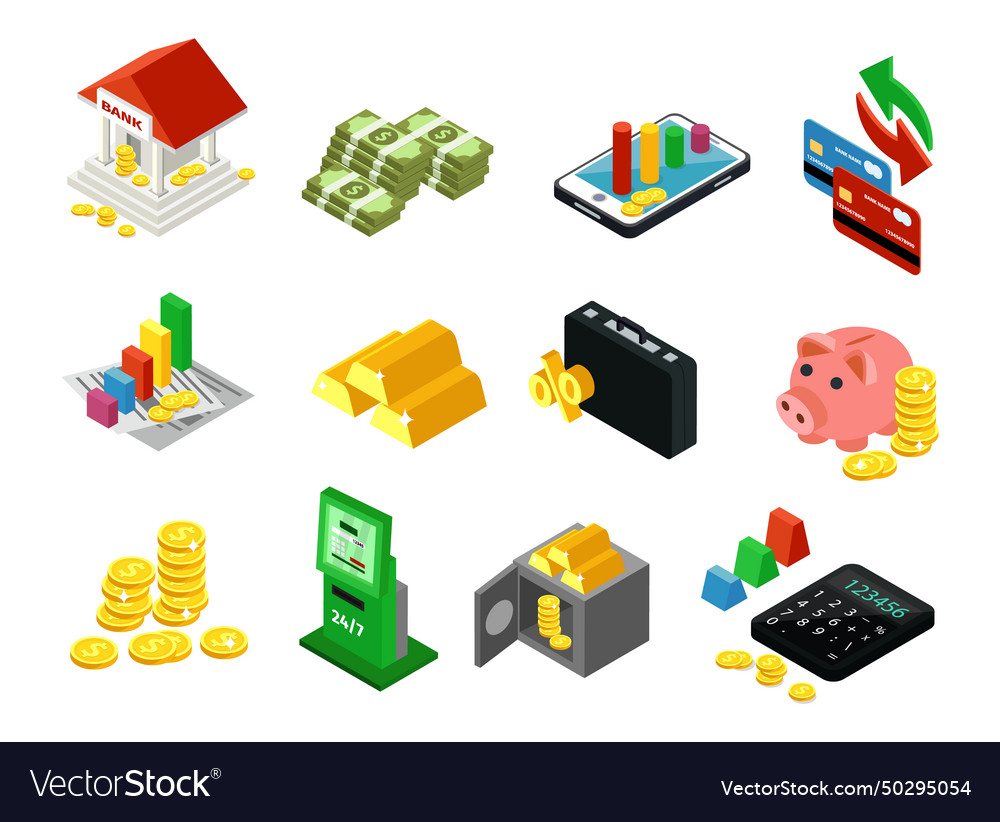 Isometrische Business-Finanzsymbole Set