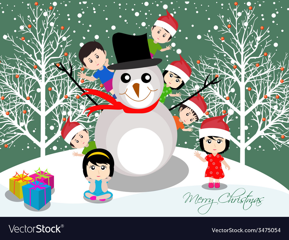 Merry christmas with happy kids and snowman