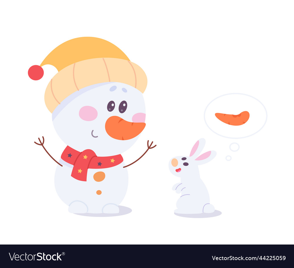 Cute snowman with red scarf and wool knitted hat