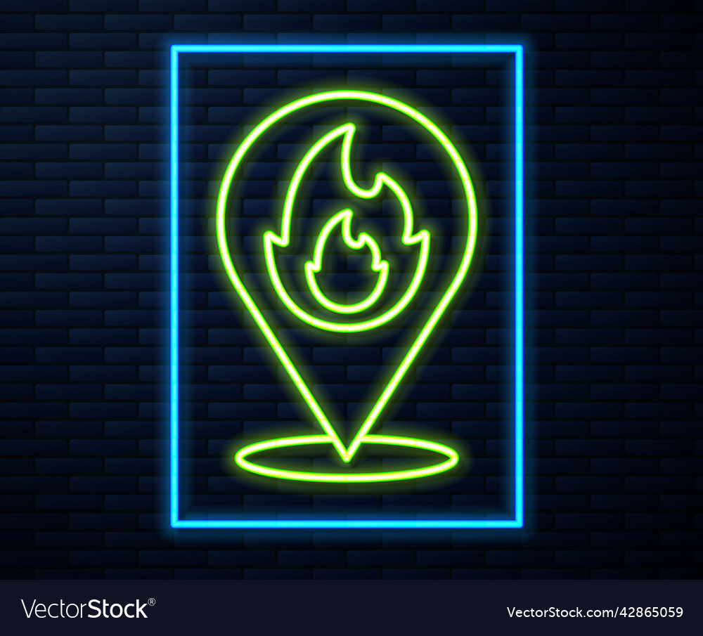 Glowing neon line map pointer with fire flame icon vector image Glowing neon line map pointer with fire flame icon