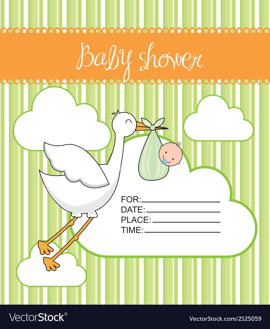 Green baby showre card with stork and baby Vector Image