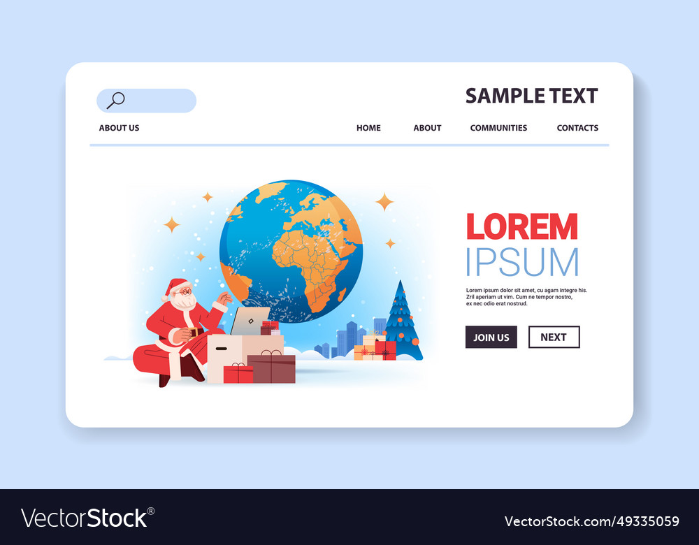 Santa claus in red costume sitting near world map vector image Santa claus in red costume sitting near world map