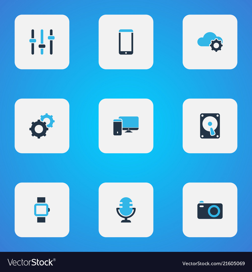 Device icons colored set with camera hdd setting vector image Device icons colored set with camera hdd setting