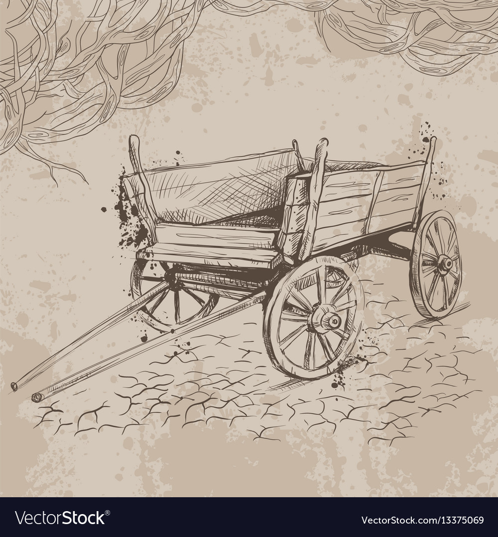 Pencil drawing old cart on a beige background Vector Image