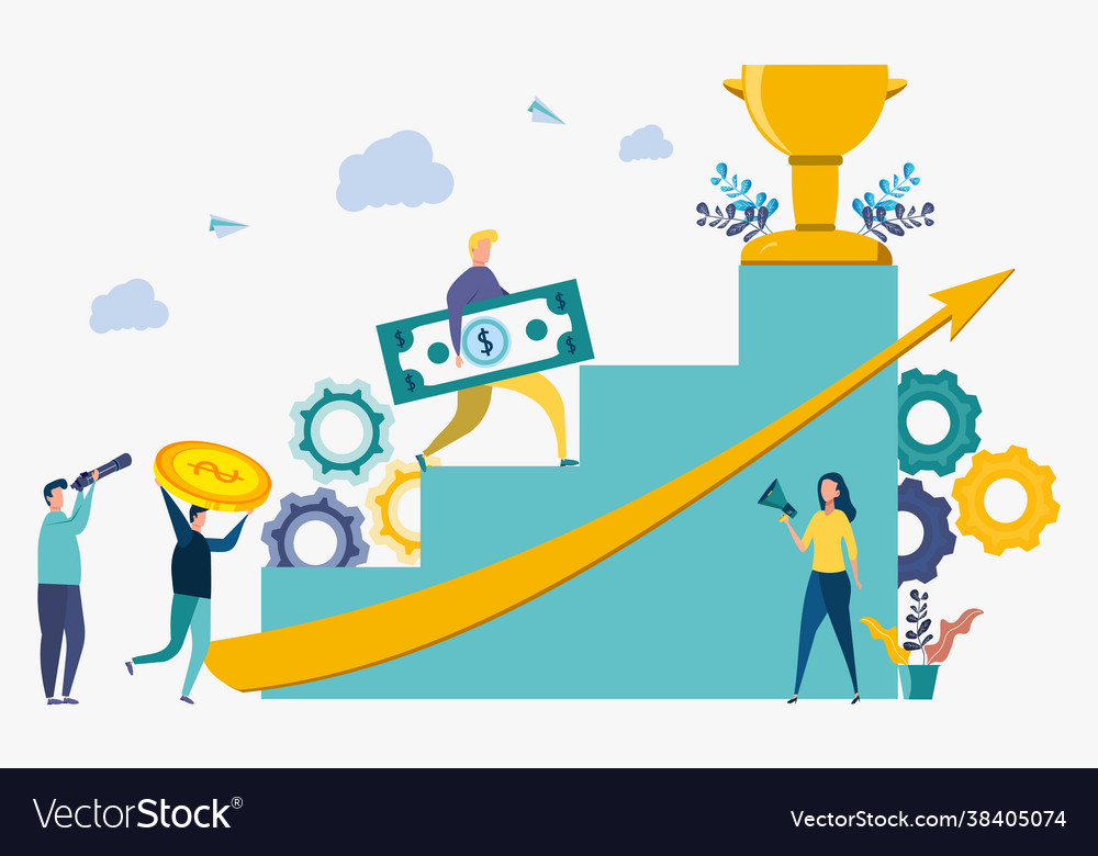 Businessman climbs up stairs and holds money Vector Image