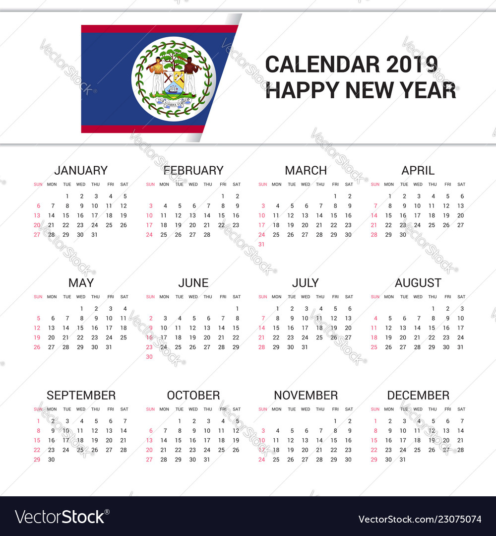 Calendar 2019 belize flag background english Vector Image