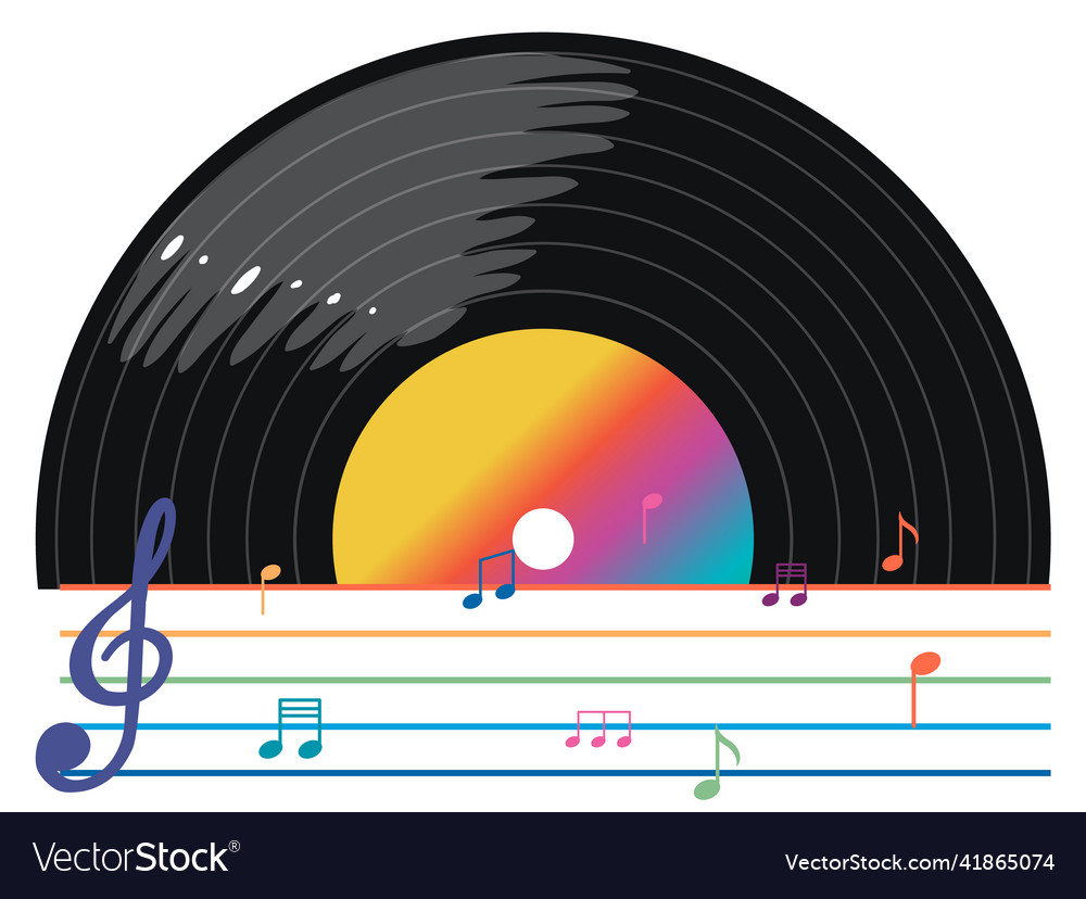 Music notes rainbow colourful with vinyl record Vector Image