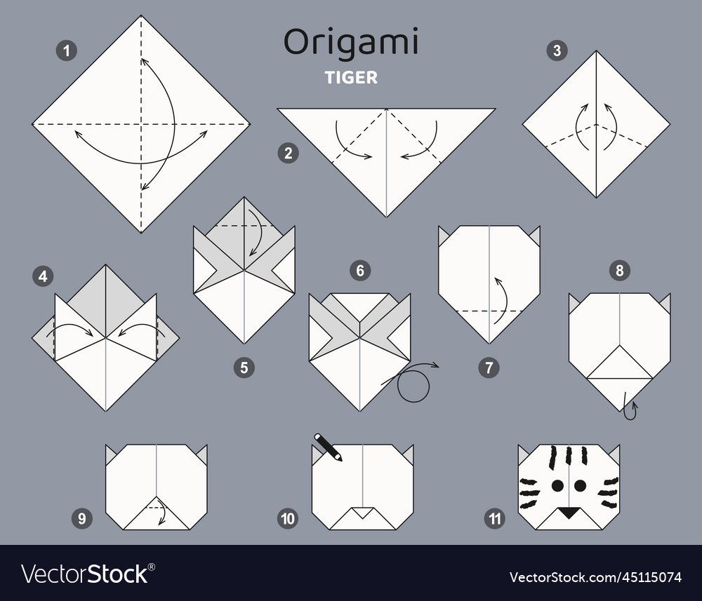 Origami tutorial scheme for kids tiger Royalty Free Vector