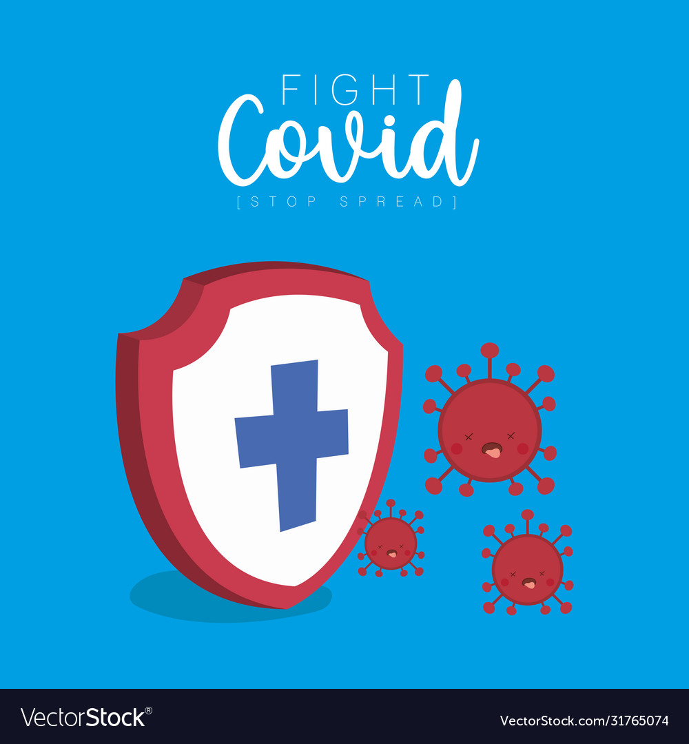 Shield with cross and covid19 19 virus kawaii Vector Image