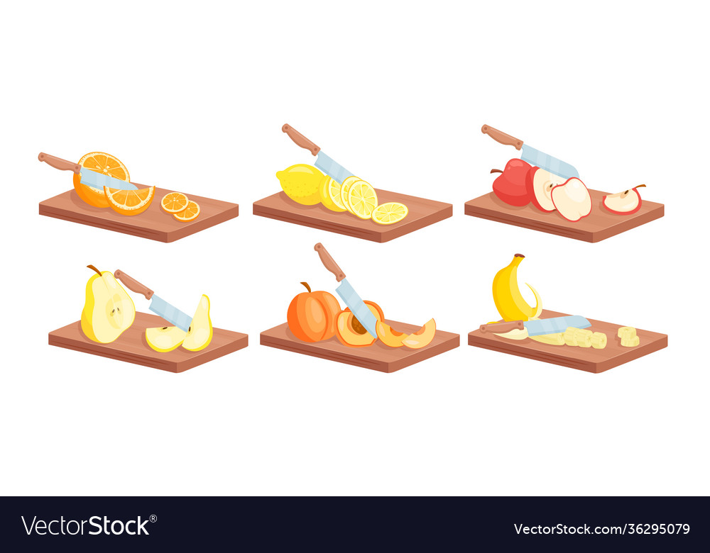 Fruchtscheiben Essen mit Messer isometrischen Satz reif