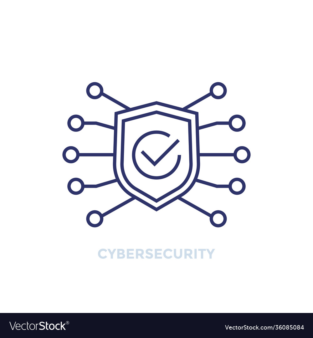 Cyber security line icon with shield and checkmark vector image Cyber security line icon with shield and checkmark