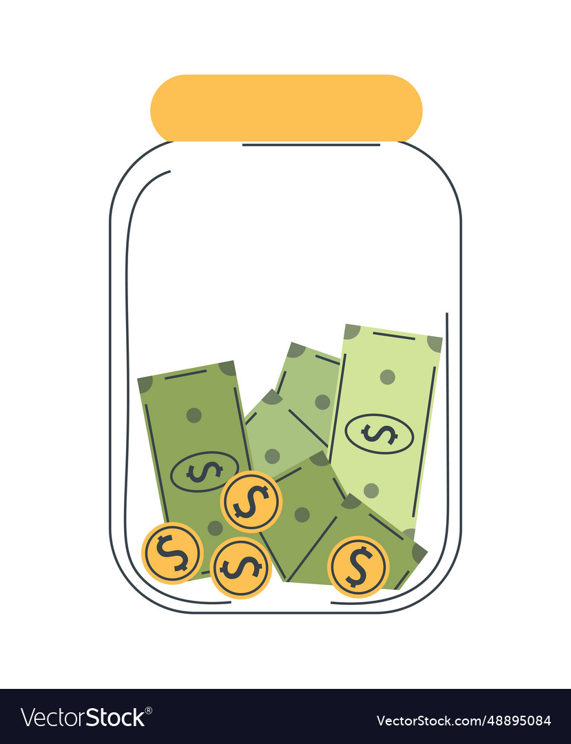 Glass jar money box with coins and banknotes Vector Image