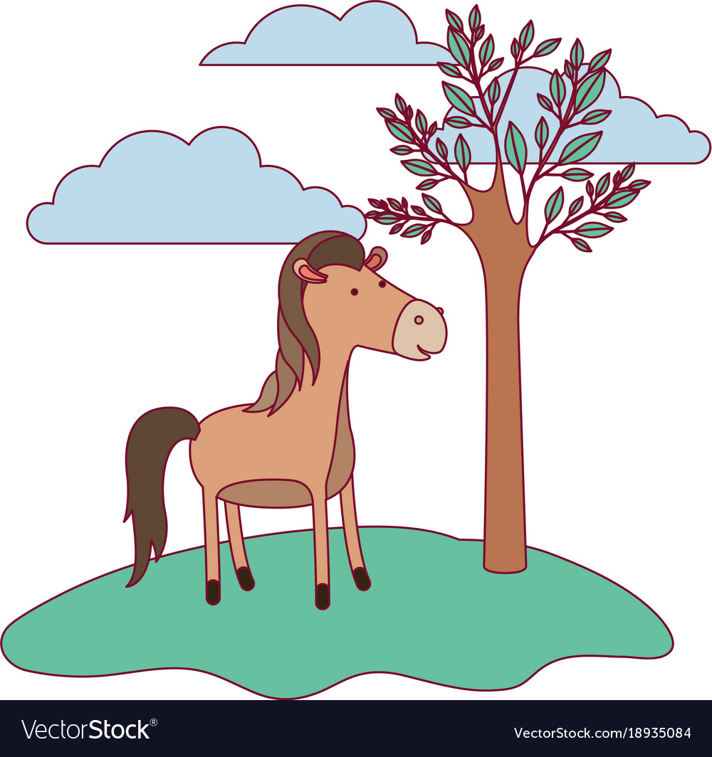 Horse cartoon in forest next to the trees Vector Image