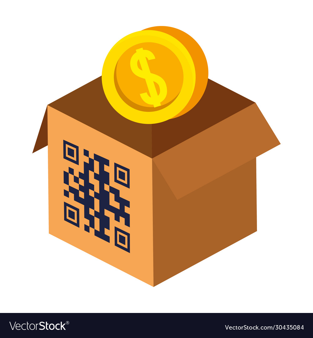 Qr-Code über Box und Münzdesign